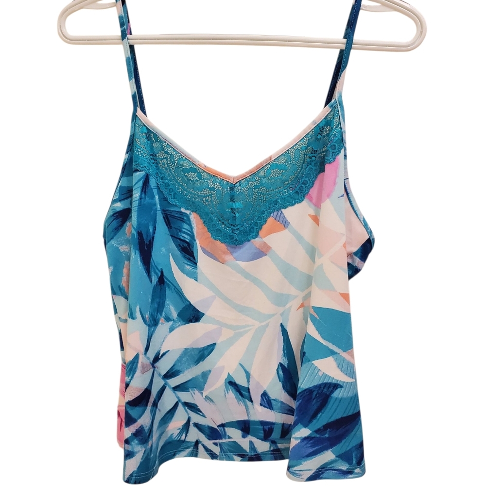 Cami Lace Trim Tropical Floral Print Blue Pink